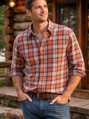Duluth Trading Co Orange and Navy Plaid Button-Down Shirt